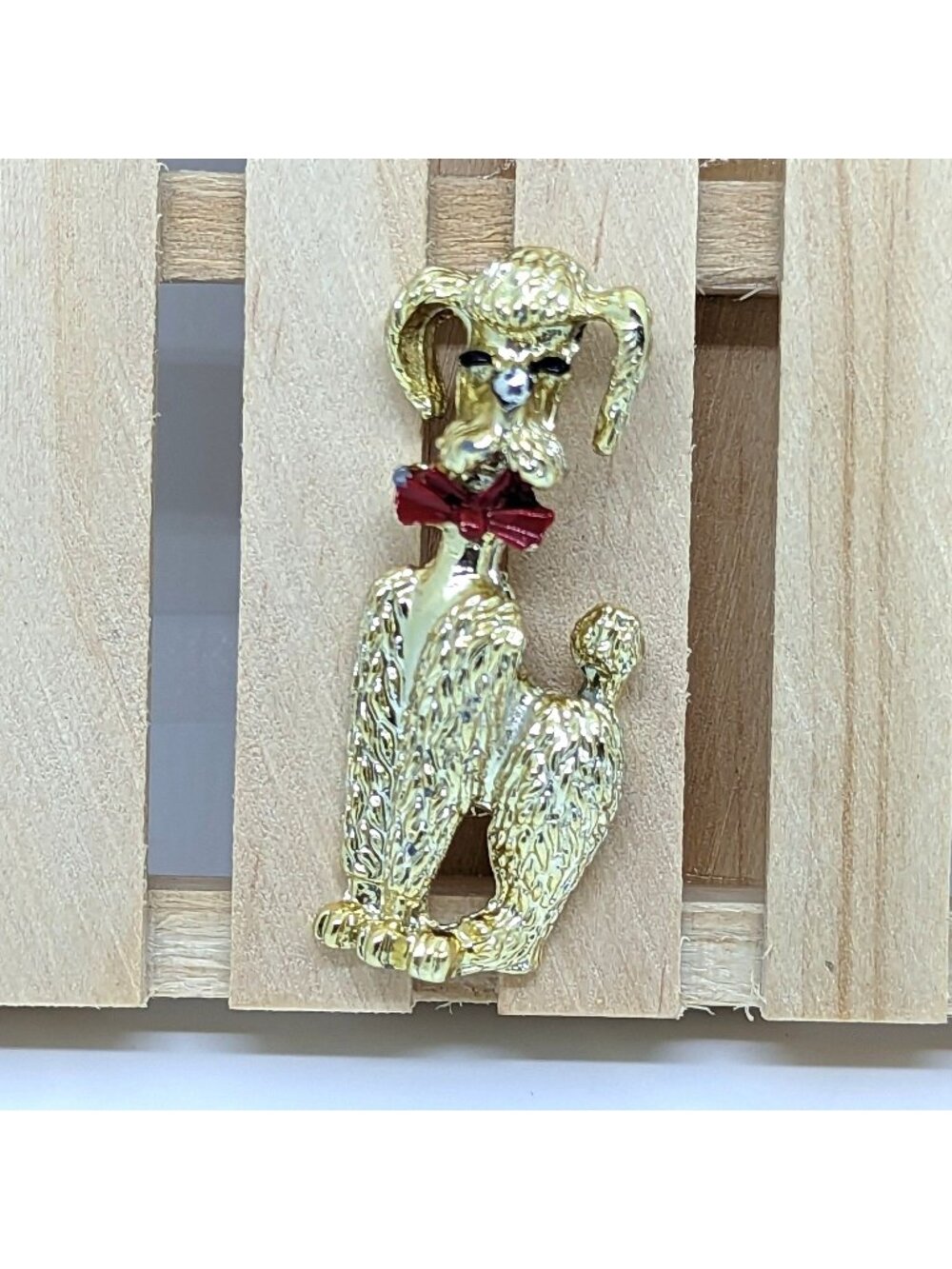 Vintage Gold-Tone Poodle Brooch Pin With Red Bow Tie Mid-Century Design Elegant